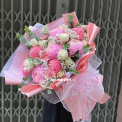 Bó Hoa Chúc Mừng Cúc Mẫu Đơn Hồng Pastel