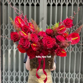 Lẵng Hoa Khai Trương Hồng Đỏ LuckiGarden