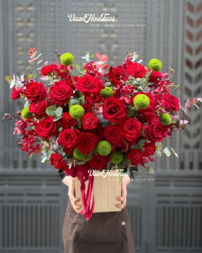 Lẵng Hoa Hồng Đỏ Ping Pong Xanh Lẵng Hoa Khai Trương Hồng Đỏ Ping Pong Xanh