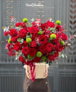 Lẵng Hoa Khai Trương Hồng Đỏ Ping Pong Xanh