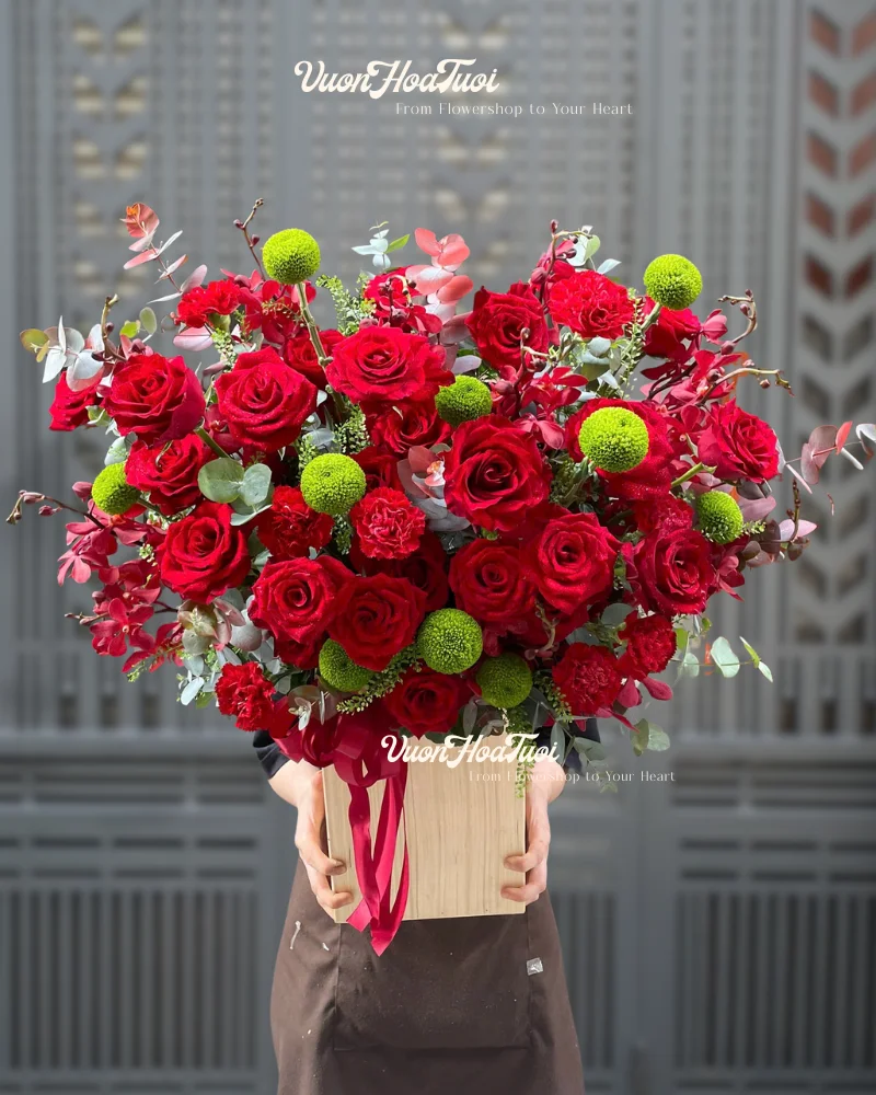 Lẵng Hoa Khai Trương Hồng Đỏ Ping Pong Xanh