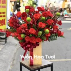 Lẵng Hoa Khai Trương Hồng Đỏ Ping Pong Xanh