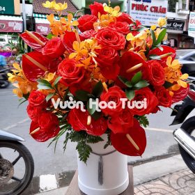 Lẵng Hoa Khai Trương Hồng đỏ mix Lan