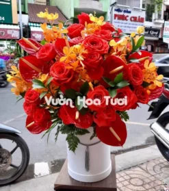 Lẵng Hoa Khai Trương Hồng đỏ mix Lan