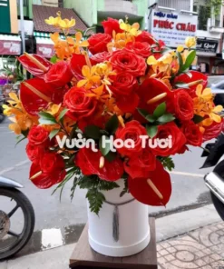 Lẵng Hoa Khai Trương Hồng đỏ mix Lan