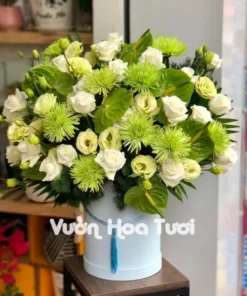 Lẵng Hoa Hồng Trắng Cúc Xanh