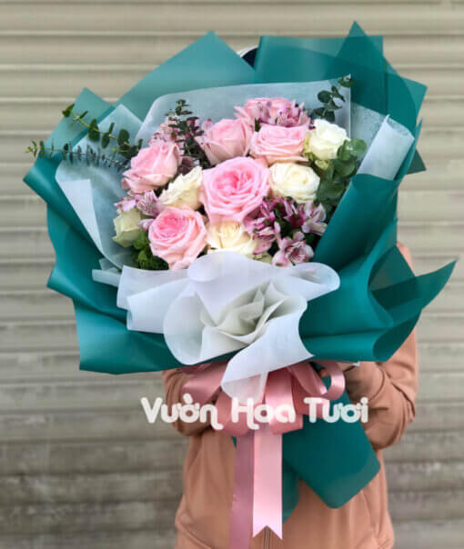 Bó hoa hồng Ohara Hồng mix Hoa Thuỷ Tiên-BHT30