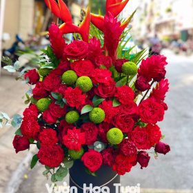 Lẵng Hoa Hồng Ohara Đỏ Ping Pong Xanh