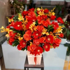 Lẵng Hoa Hồng Đỏ Đồng Tiền Khai Trương