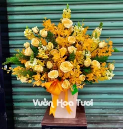 Lẵng hoa khai trương Hồng Vàng phối Lan Mokara