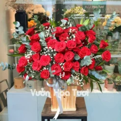 Lẵng hoa khai trương hồng đỏ điểm hoa bi