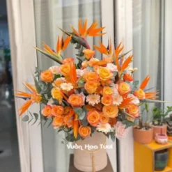 Lẵng Hoa Thiên Điểu Hồng Cam