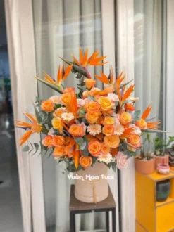 Lẵng Hoa Thiên Điểu Hồng Cam