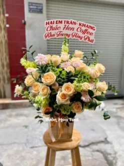 Lẵng hoa Khai Trương Hồng Trứng Gà Mỏm Sói