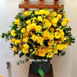 Lẵng hoa khai trương hồng vàng và lan mokara