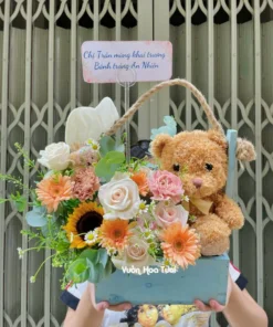 Mẫu giỏ hoa gấu bông khai trương teddy