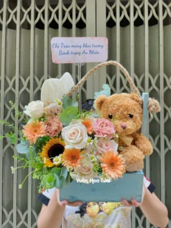 Mẫu giỏ hoa gấu bông khai trương teddy