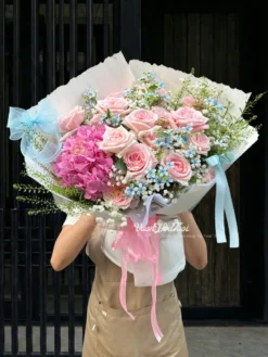 Bó hoa Ohara Hồng mix Lam Tinh nhập khẩu và Tú Cầu xanh tặng sinh nhật kỷ niệm Vườn Hoa Tươi