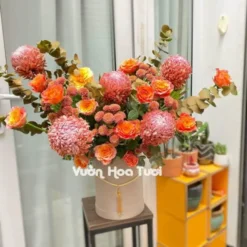 Lẵng Hoa Cúc Mẫu Đơn Nâu