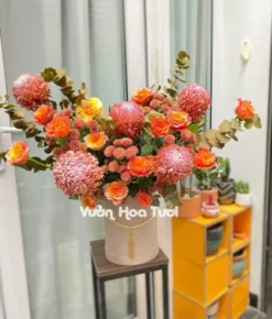 Lẵng Hoa Cúc Mẫu Đơn Nâu