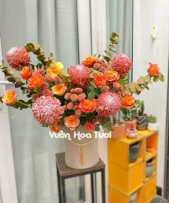 Lẵng Hoa Cúc Mẫu Đơn Nâu