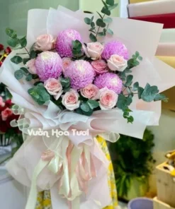 Bó hoa cúc mẫu đơn mix hoa hồng Ohara