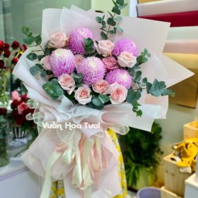 Bó hoa cúc mẫu đơn mix hoa hồng Ohara