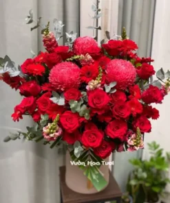 Lẵng hoa Cúc mẫu đơn hồng đỏ