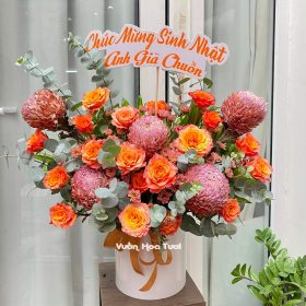 Lẵng hoa cúc mẫu đơn Nâu Spirit