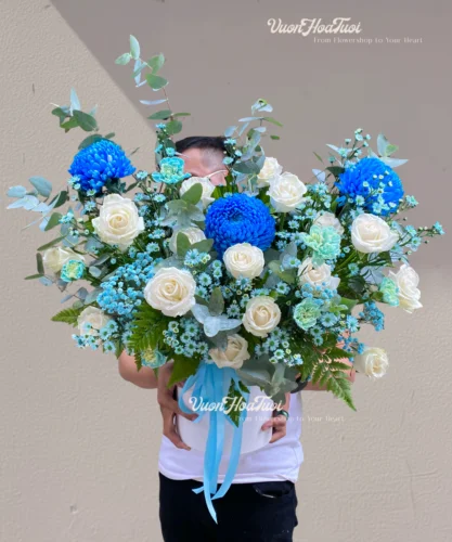 Lẵng Hoa Cúc Mẫu Đơn Xanh Dương Blue Ocean