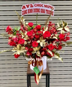 Lẵng Hoa Khai Trương Sang Trọng Đỏ Gold
