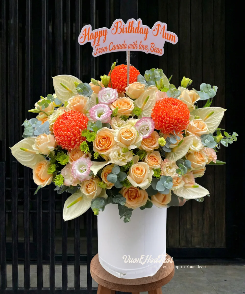 Lẵng Hoa Chúc Mừng Phụ Nữ Hồng Cam Pastel