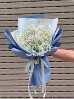 bó hoa baby trắng Mini giấy xanh