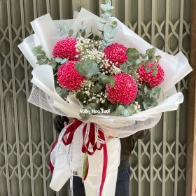 Bó Hoa Cúc Mẫu Đơn Đỏ Bi Trắng