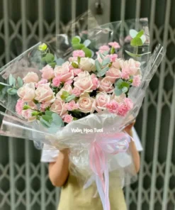 Bó Hoa Sinh Nhật Đẹp Hồng Kem Xinh