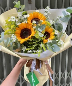 Bó Hoa Hướng Dương 3 Bông Thảo Trắng