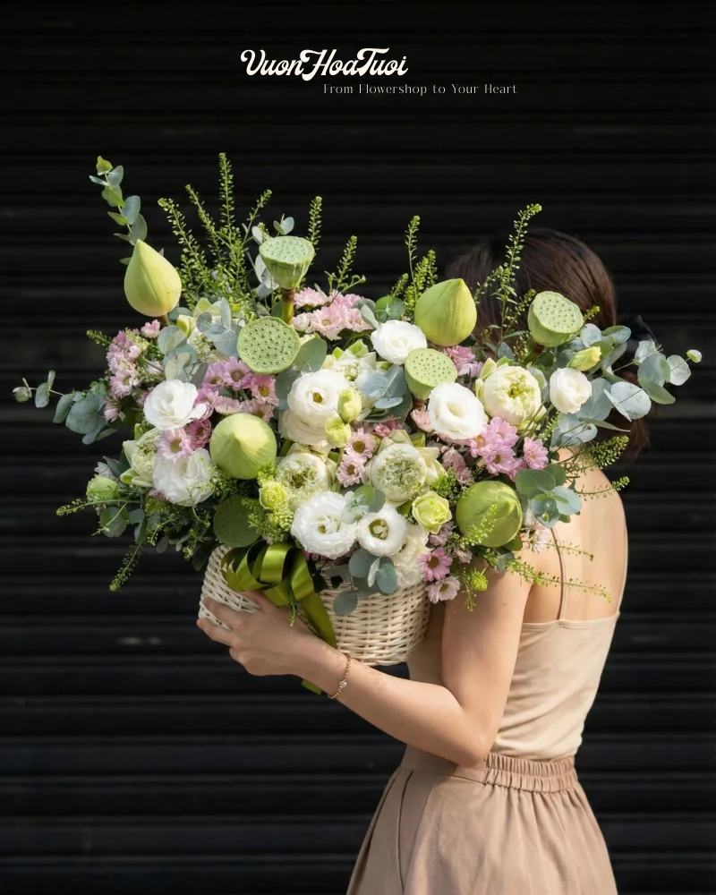 Giỏ hoa sen Lotus Pink and White phối màu hồng trắng thanh nhã thiết kế bởi Vườn Hoa Tươi.