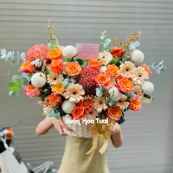 Giỏ Hoa Tươi Sinh Nhật Hồng Cam Spirit