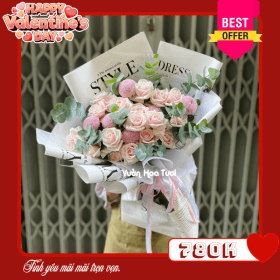 Hoa Valentine Bó Hoa Hồng Kem Ping Hồng