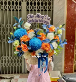 Giỏ Hoa Cúc Mẫu Đơn Tone Xanh Dương