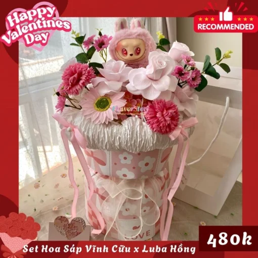 Set Quà Valentine Gấu Bông & Hoa Sáp Labu Hồng