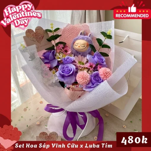 Set Quà Valentine Gấu Bông & Hoa Sáp Labu Tím