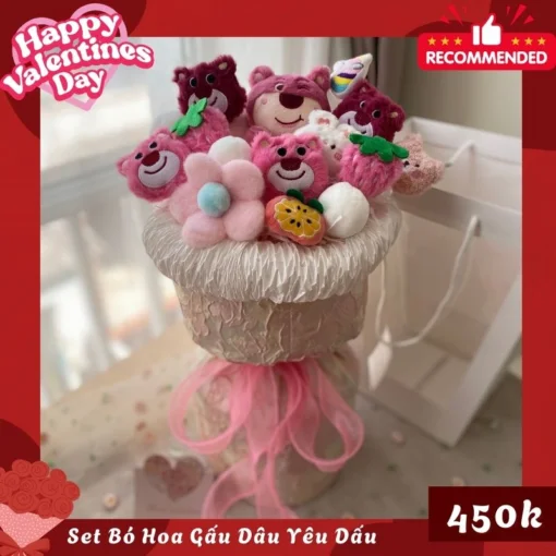 Set Quà Valentine Bó Hoa Gấu Dâu Yêu Tình Đầu