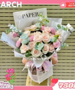 Bó hoa 8 tháng 3 Hồng Kem Ping Giấy Báo