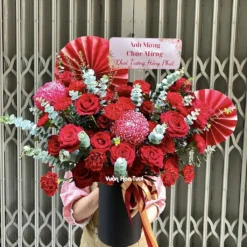Lẵng Hoa Khai Trương Hồng Đỏ Phối Cúc Mẫu Đơn