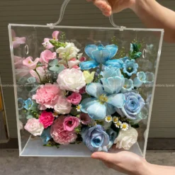 Hộp hoa mica tulip xanh hồng