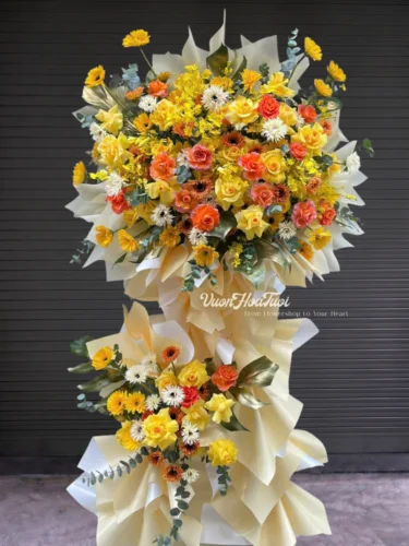 Rực rỡ cùng Kệ Hoa Khai Trương Phát Lộc Thịnh Vượng mix hồng vàng, lan vũ nữ và lá xịt gold tặng khai trương. Vườn Hoa Tươi giao nhanh HCM. Đặt ngay!