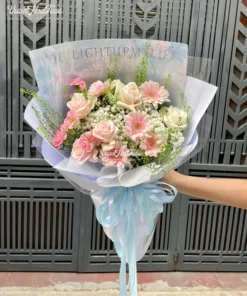 Mẫu Bó Hoa Đồng Tiền Hồng Kem Dâu Baby