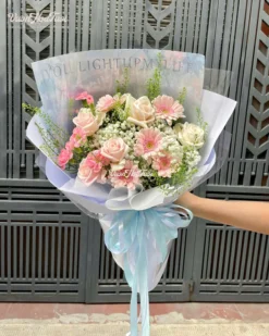 Mẫu Bó Hoa Đồng Tiền Hồng Kem Dâu Baby