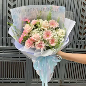 Mẫu Bó Hoa Đồng Tiền Hồng Kem Dâu Baby